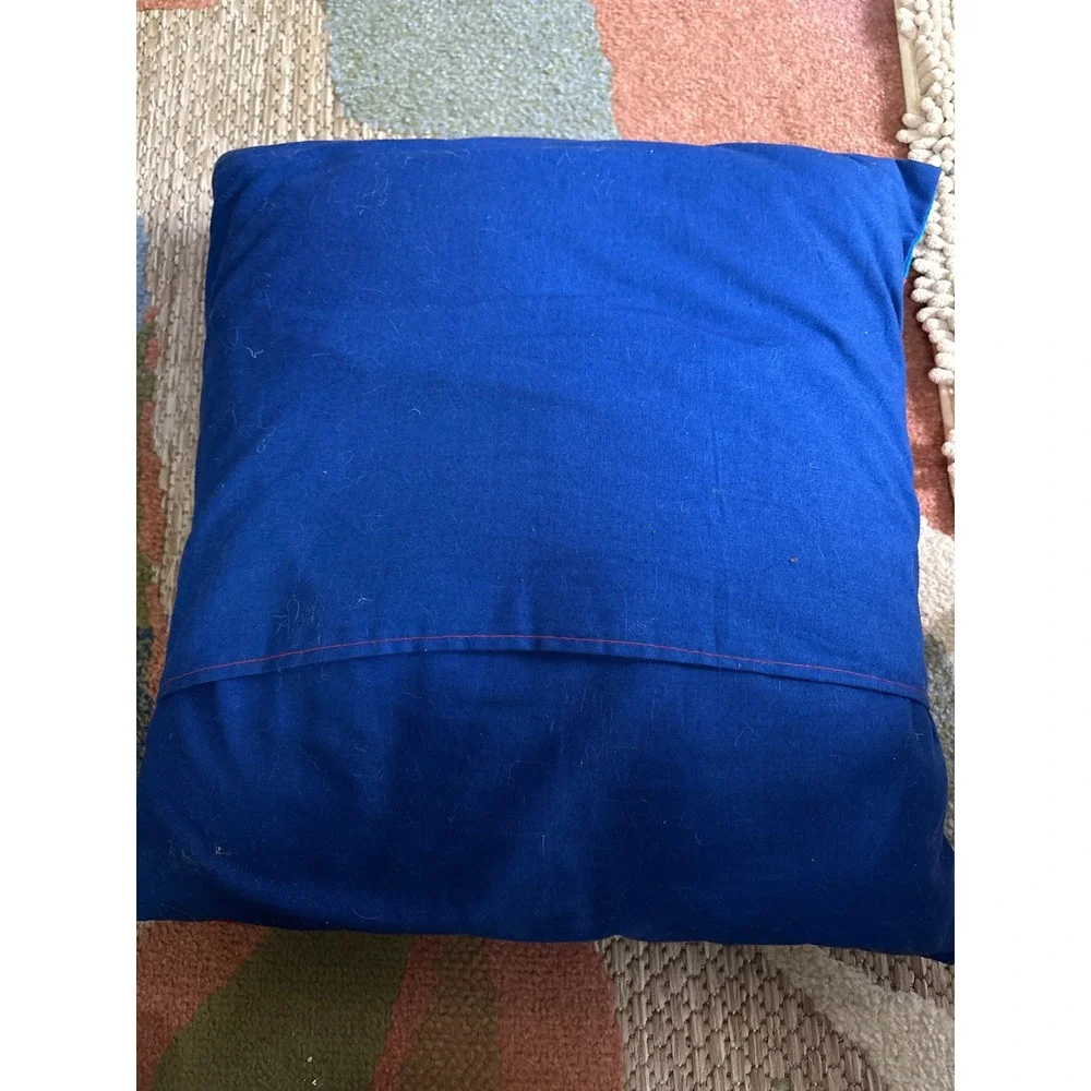 Vintage Handmade Folk Art Embroidered Appliqué Village Scene Throw Pillow Blue